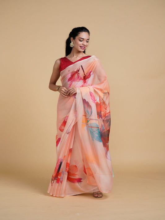 Divine Drapes Peach Printed Saree