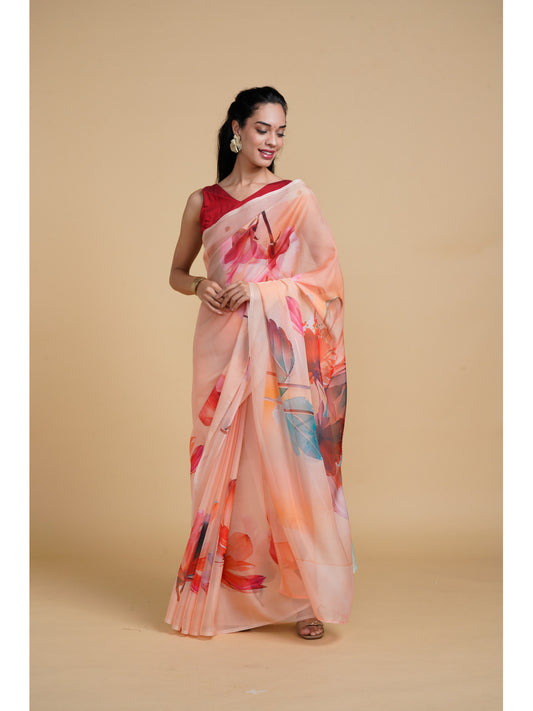 Divine Drapes Peach Printed Saree