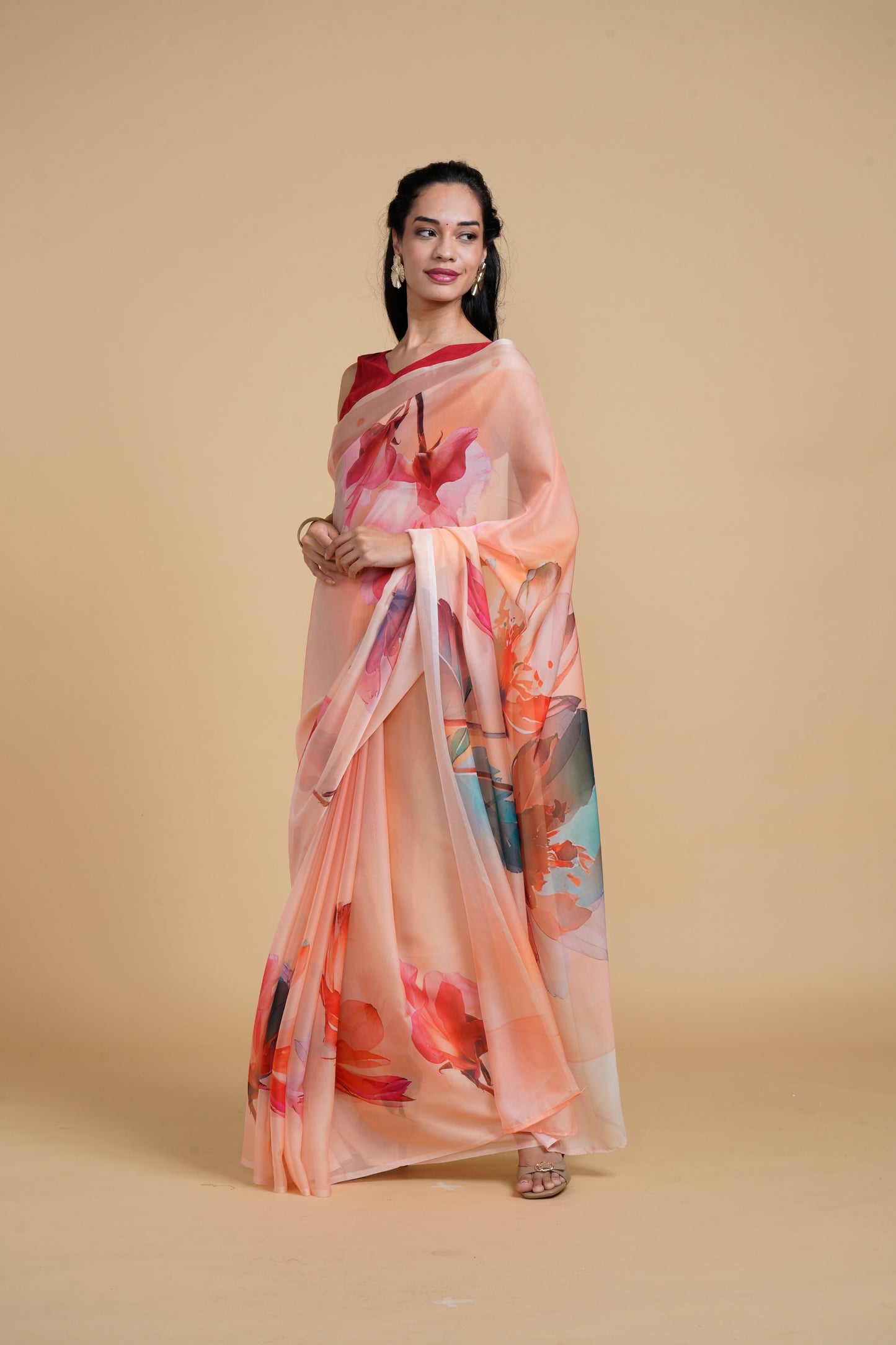 Divine Drapes Peach Printed Saree