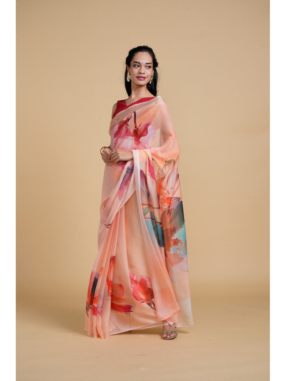 Divine Drapes Peach Printed Saree