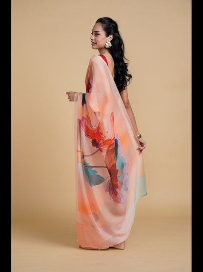 Divine Drapes Peach Printed Saree