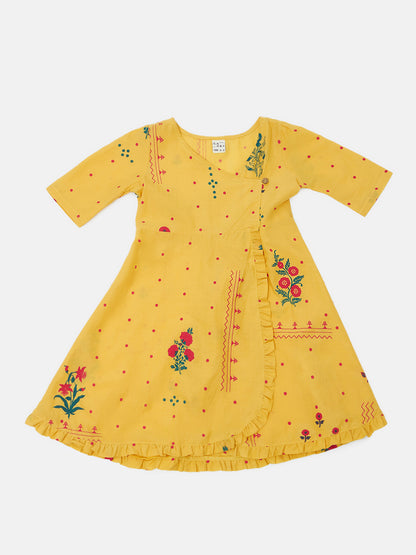 Saaki Girls Summer Soft Yellow Floral Printed Overlap Dress