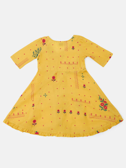 Saaki Girls Summer Soft Yellow Floral Printed Overlap Dress