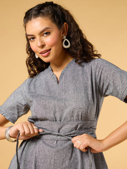 Summer Serenade Grey Dress With Belt