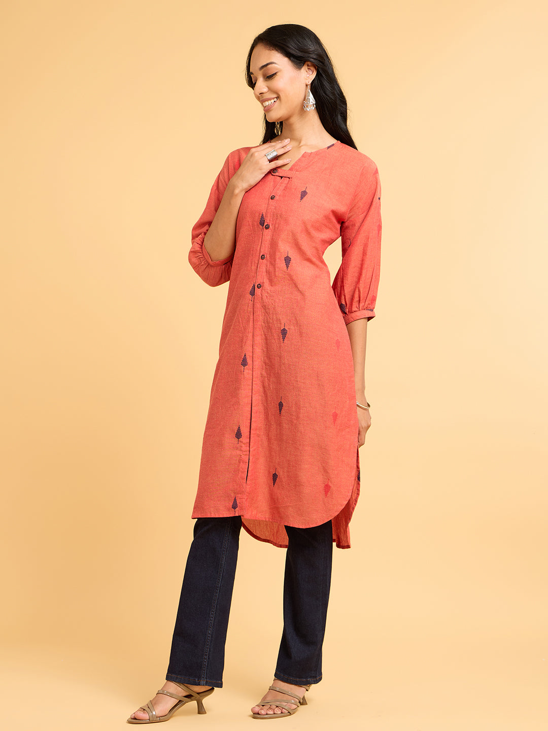 Whispers Of Wilderness Mandarin Collar Rust Kurta