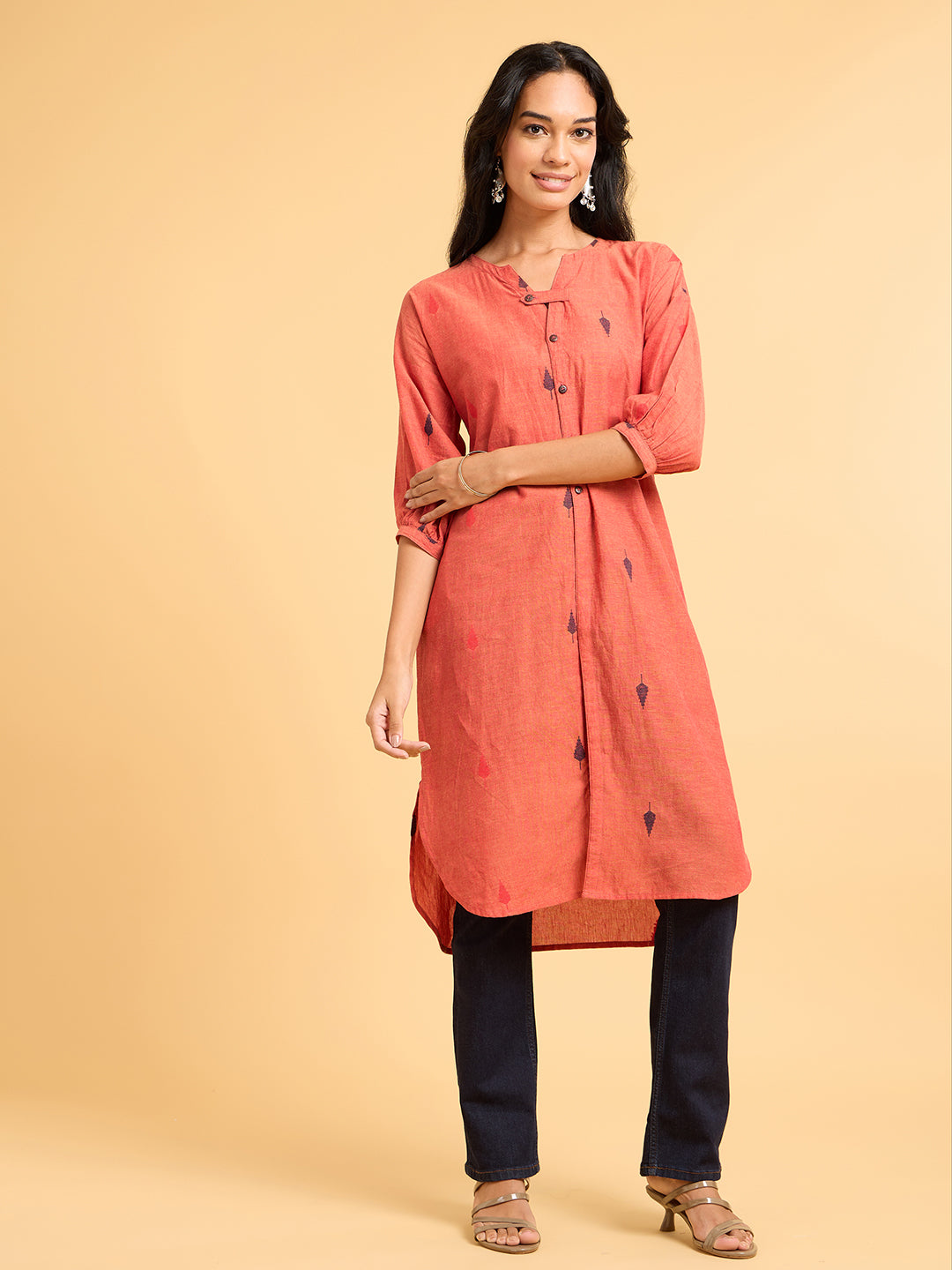 Whispers Of Wilderness Mandarin Collar Rust Kurta