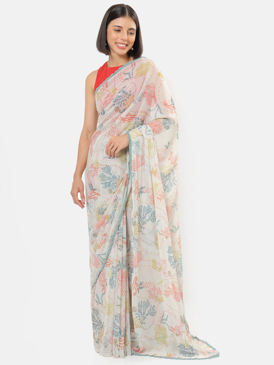 Oceania Printed Off-white Saree