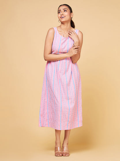 Summer Serenade Blue and Pink Striped Sleeveless Flare Dress