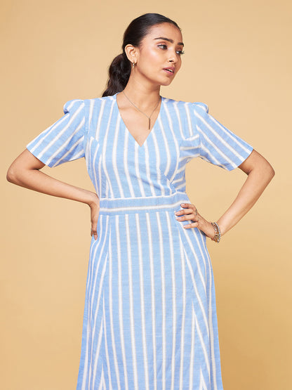 Summer Serenade Blue Multi-Shade Striped Flare Dress