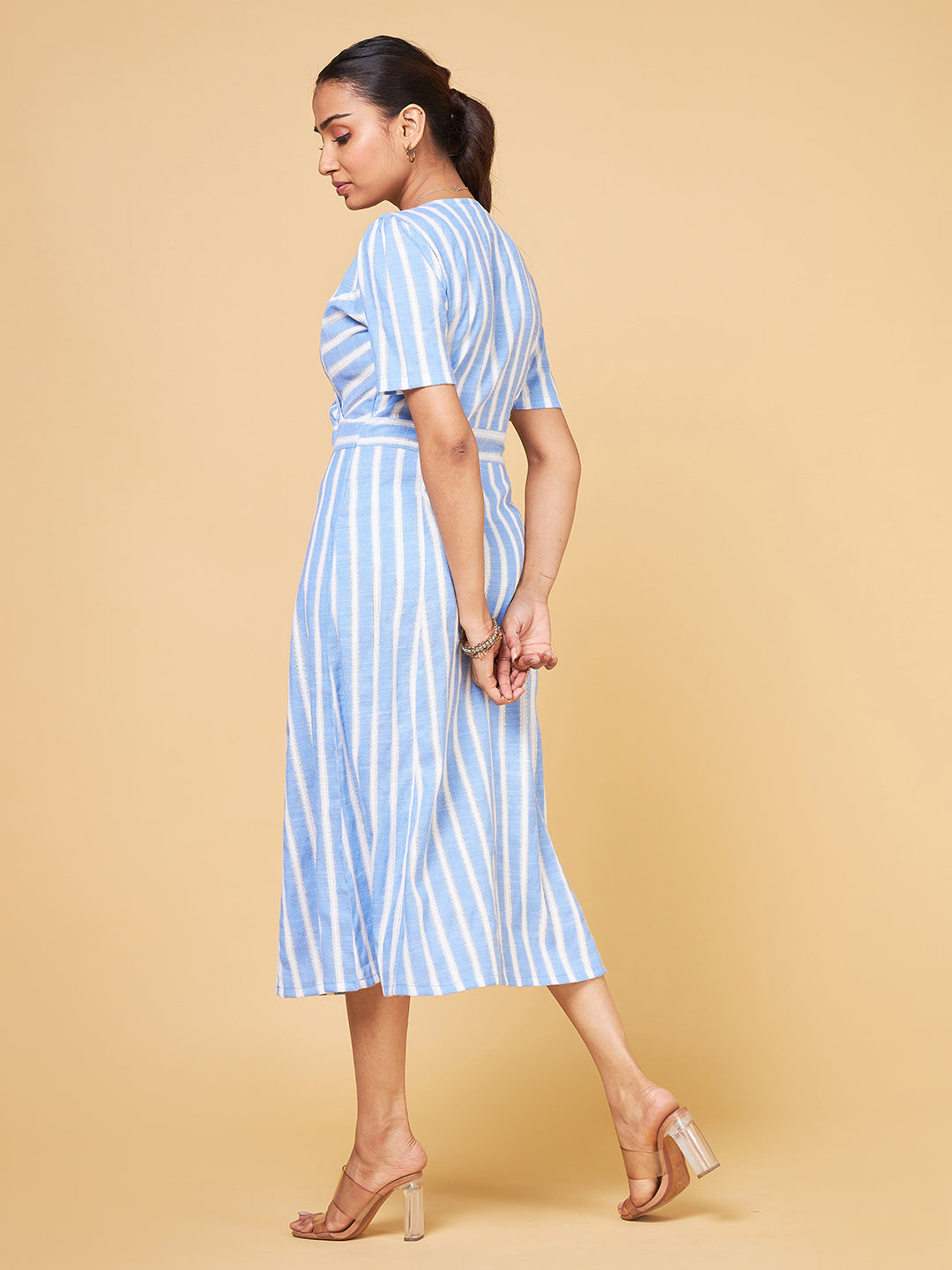 Summer Serenade Blue Multi-Shade Striped Flare Dress
