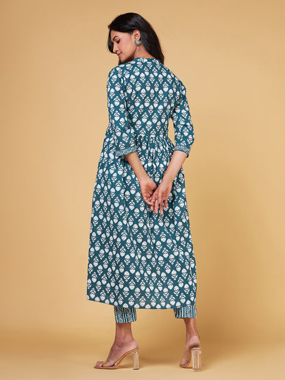 Blooming Melodies A-line Teal Kurta Set