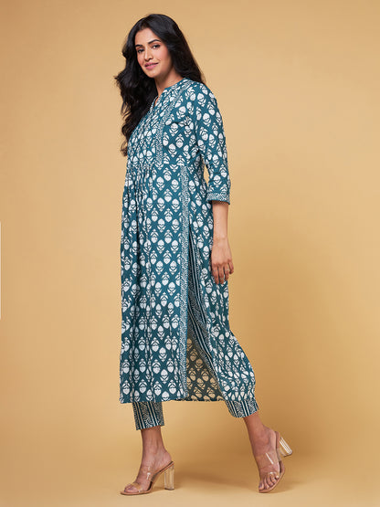 Blooming Melodies A-line Teal Kurta Set
