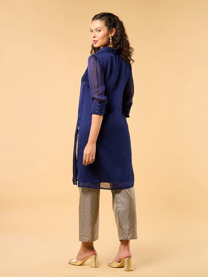 Regal Odessey Navy Blue Embroidered Kurta