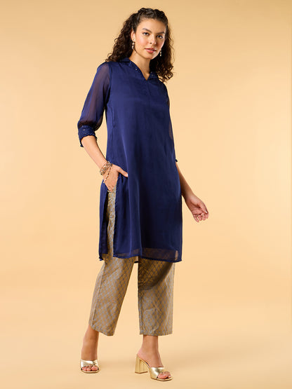 Regal Odessey Navy Blue Embroidered Kurta