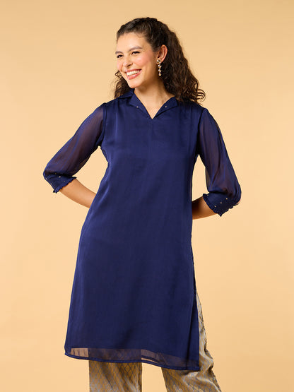 Regal Odessey Navy Blue Embroidered Kurta