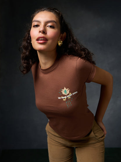 Petals Of Power Brown Embroidered Fitted T-Shirt