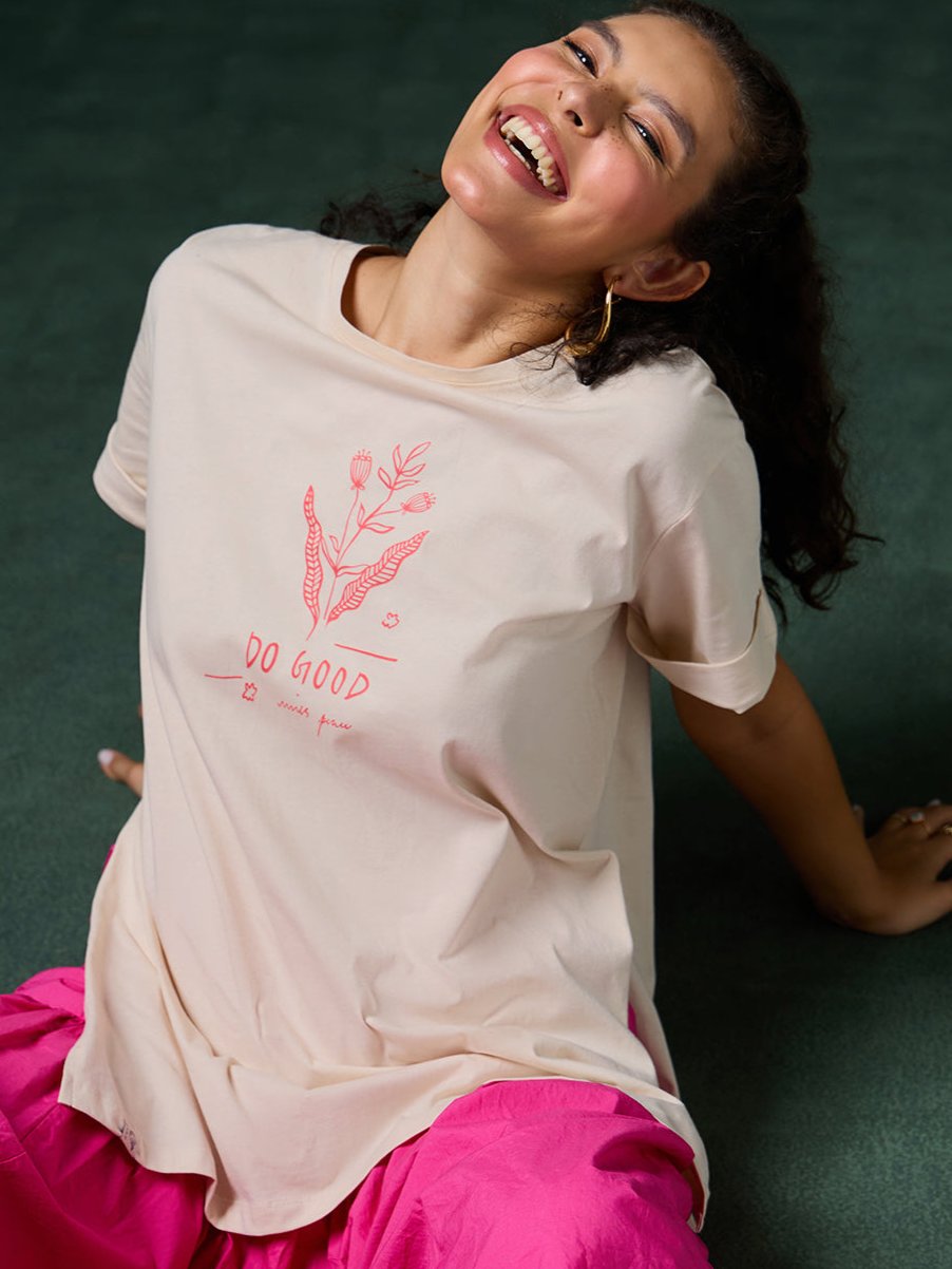 Petals Of Power Printed Light Peach Long T-shirt