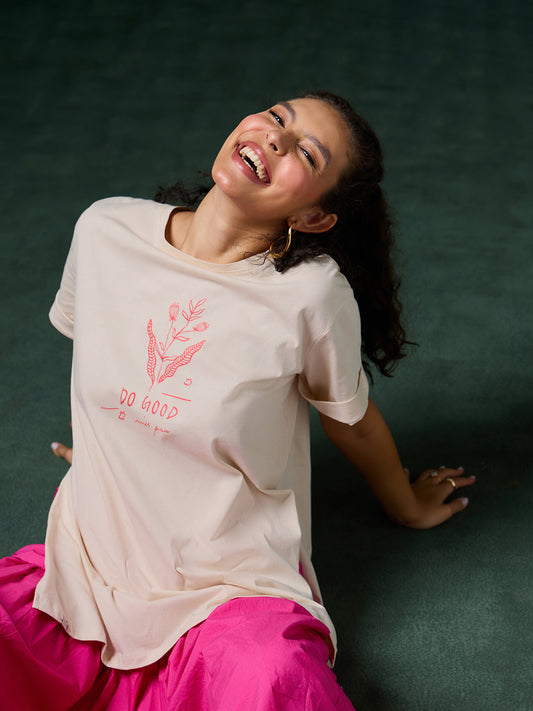Petals Of Power Printed Light Peach Long T-shirt