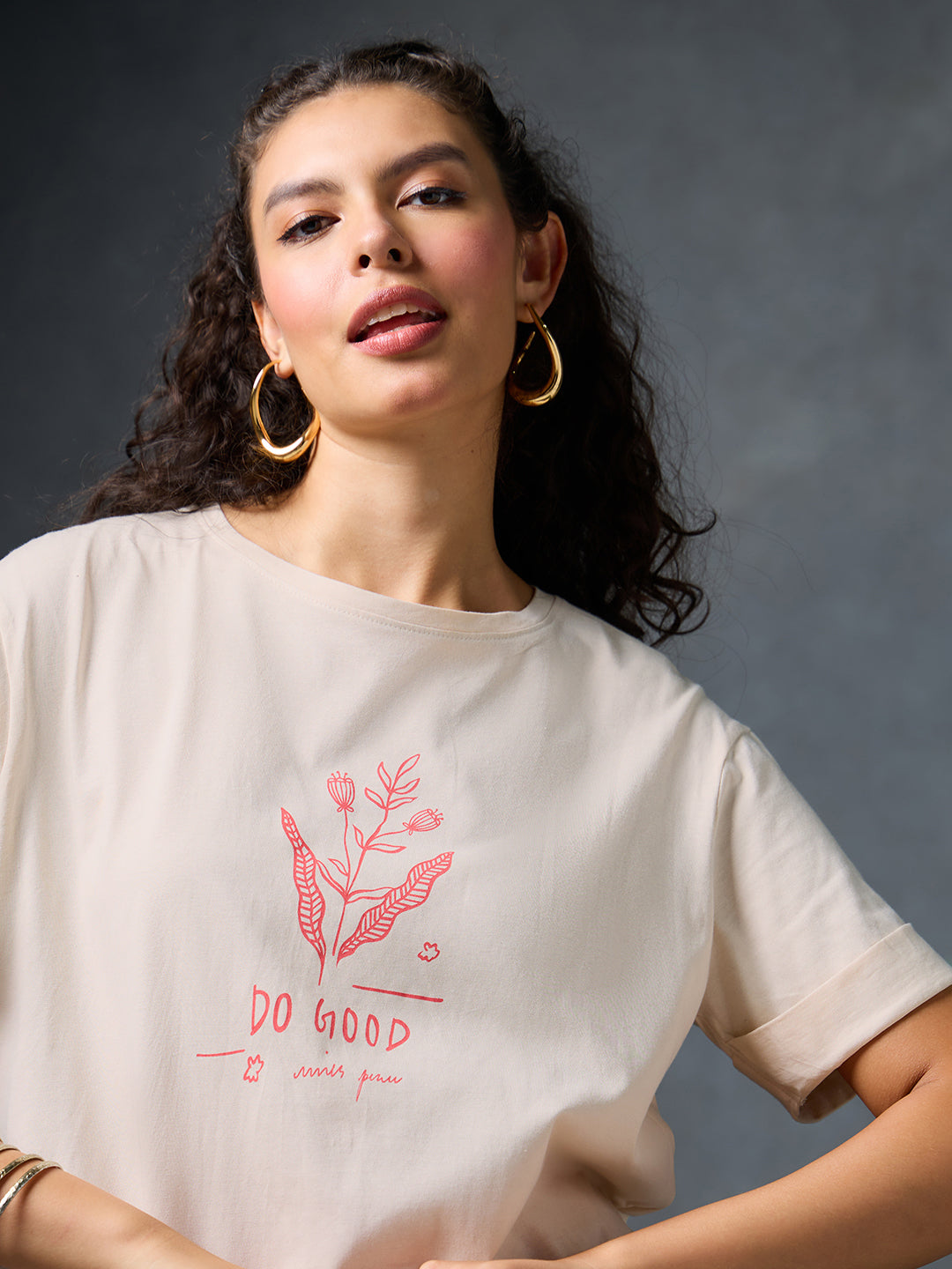 Petals Of Power Printed Light Peach Long T-shirt