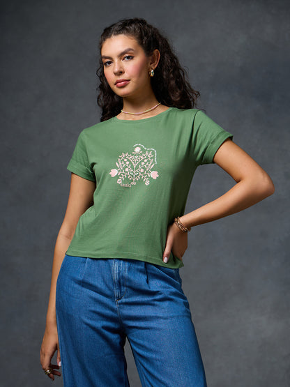 Petals Of Power Green Printed T-shirt