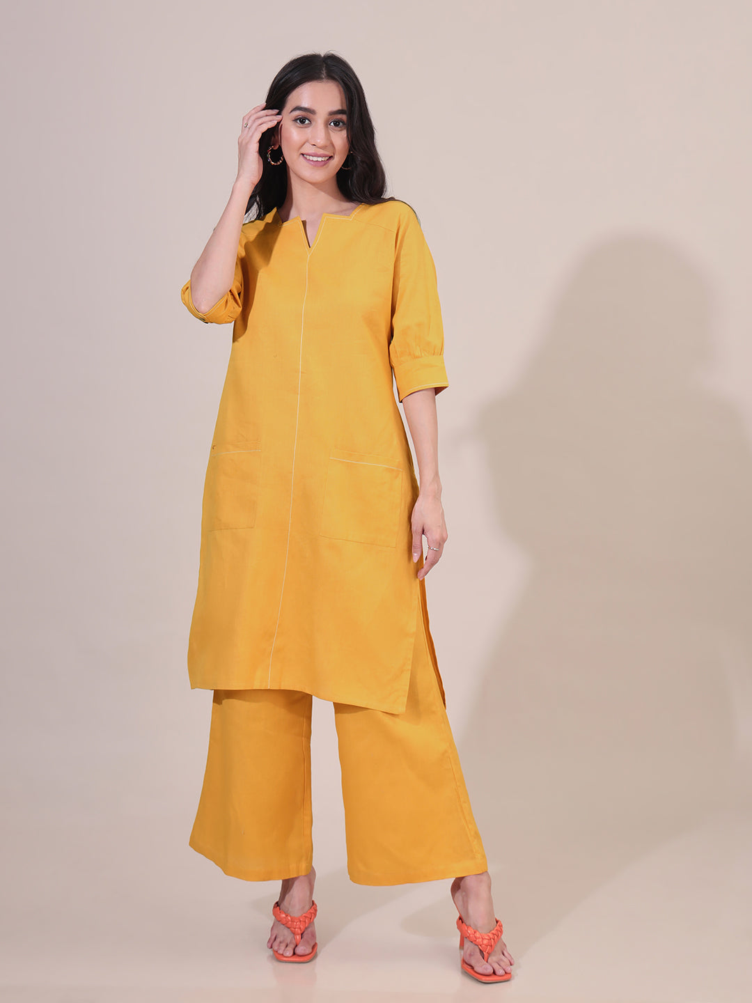 Soft Utility Solid Yellow Kurta Set With Front Pockets (No Dupatta)