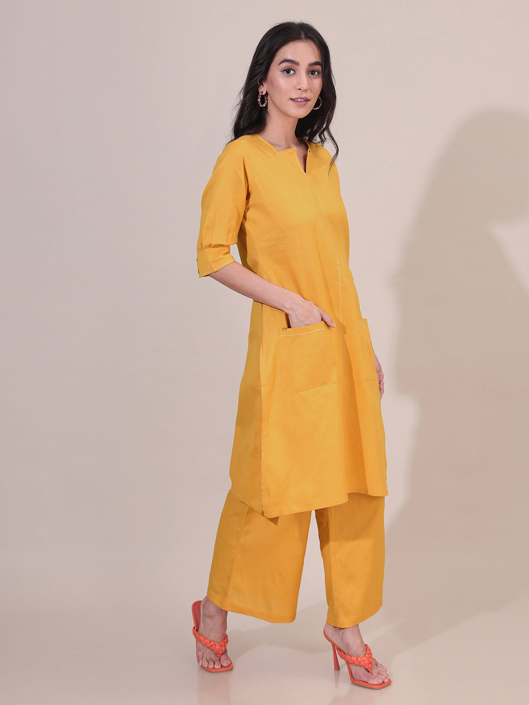 Soft Utility Solid Yellow Kurta Set With Front Pockets (No Dupatta)