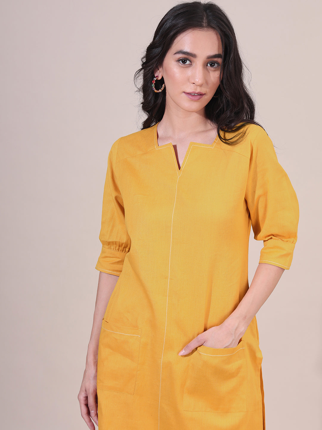 Soft Utility Solid Yellow Kurta Set With Front Pockets (No Dupatta)