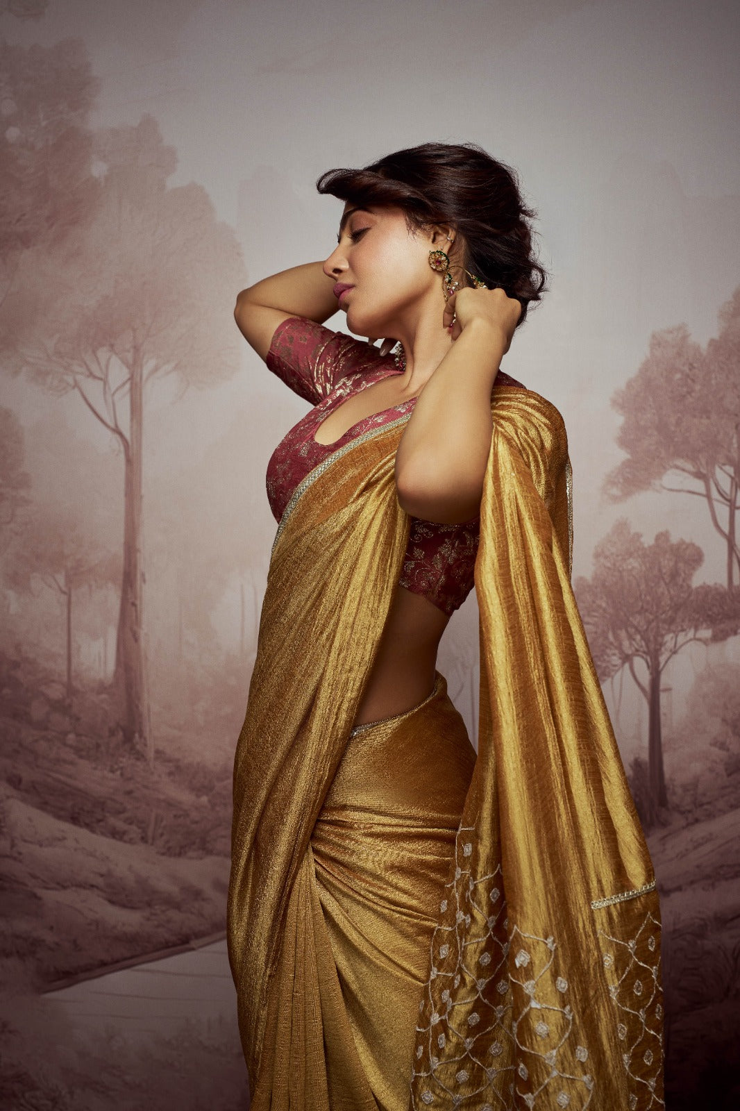 Dance of Duality Embroidered Solid Gold Saree