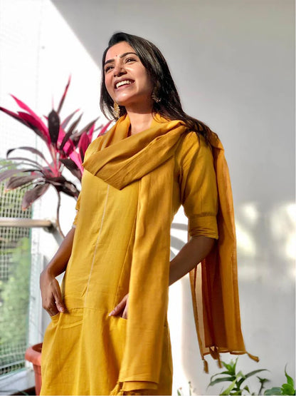 Soft Utility Solid Yellow Kurta Set With Front Pockets (No Dupatta)