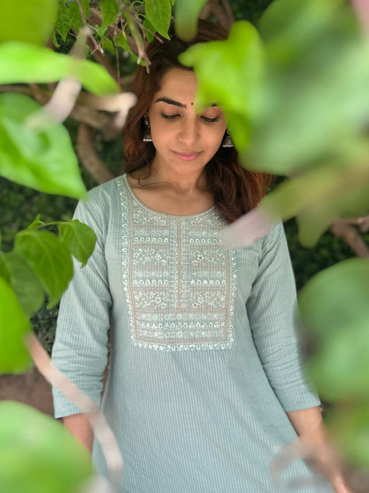 Blooming Melodies Mint Green Solid Embroidered Kurta