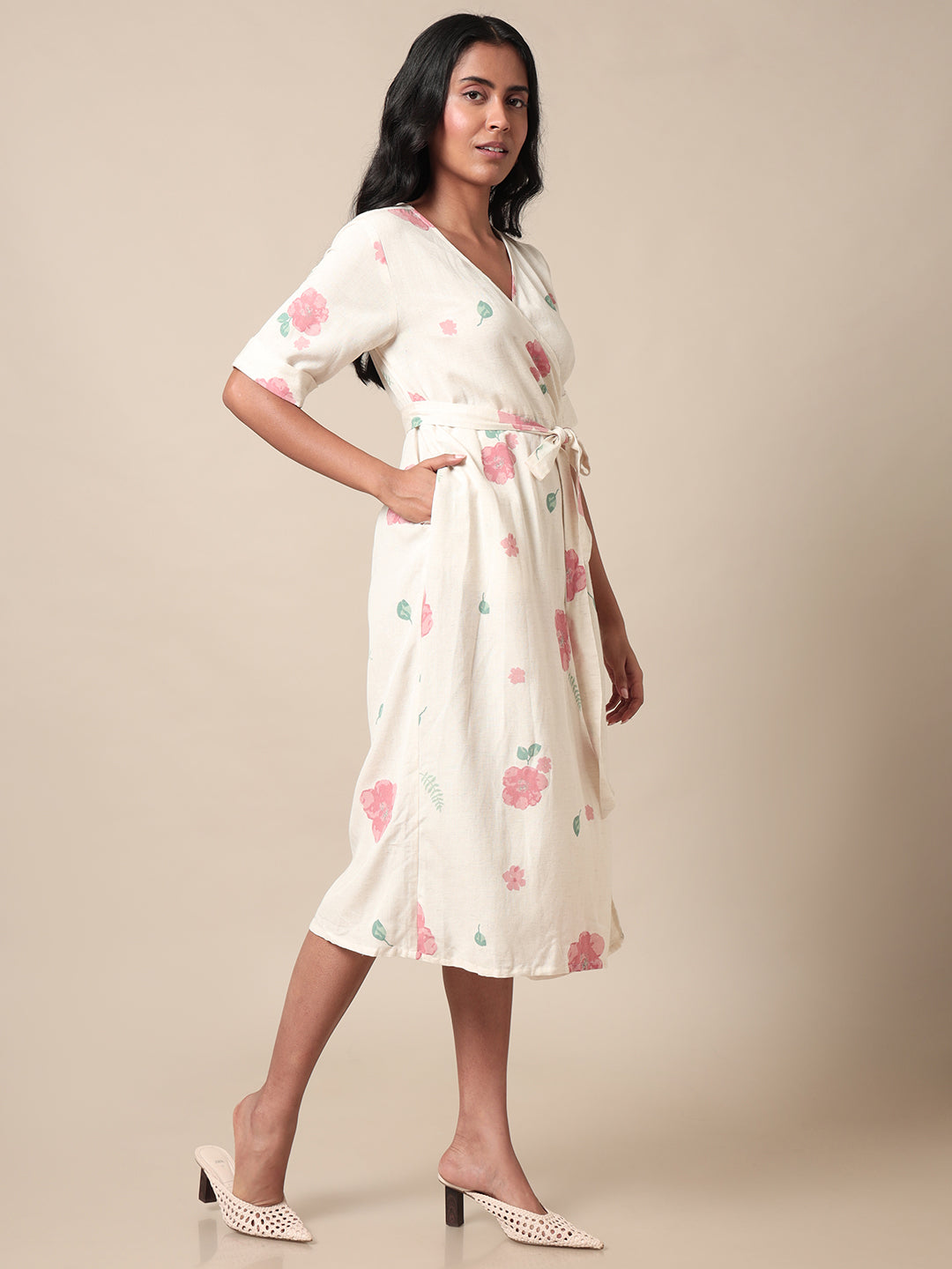 Eclectic Floral Printed Overlap Off White Dress