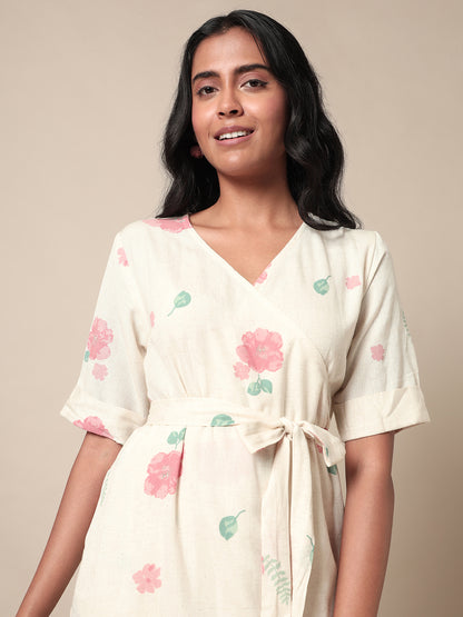 Eclectic Floral Printed Overlap Off White Dress