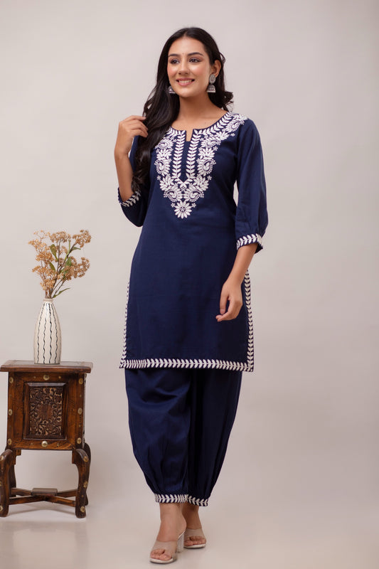 Blooming Elegance Navy Embroidered Kurta Set