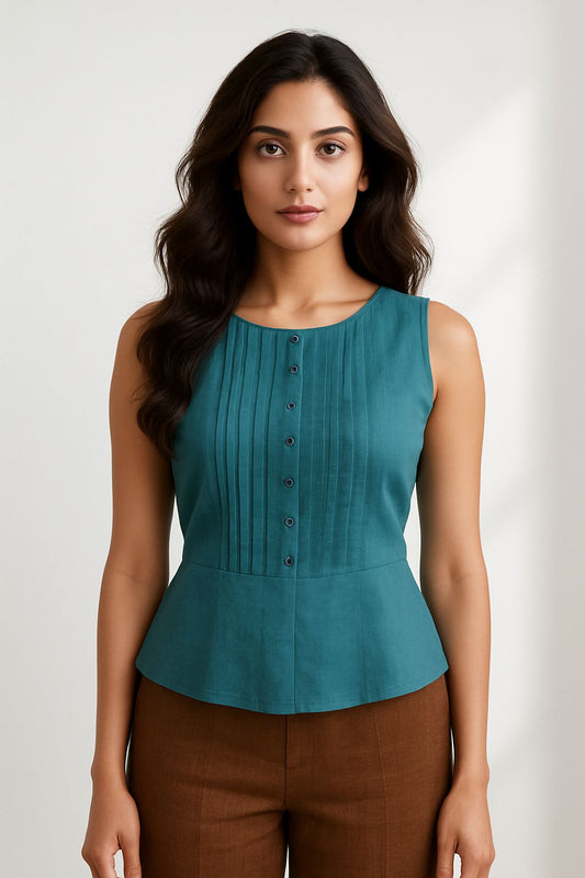 Soma Solid Teal Pin Tuck Top