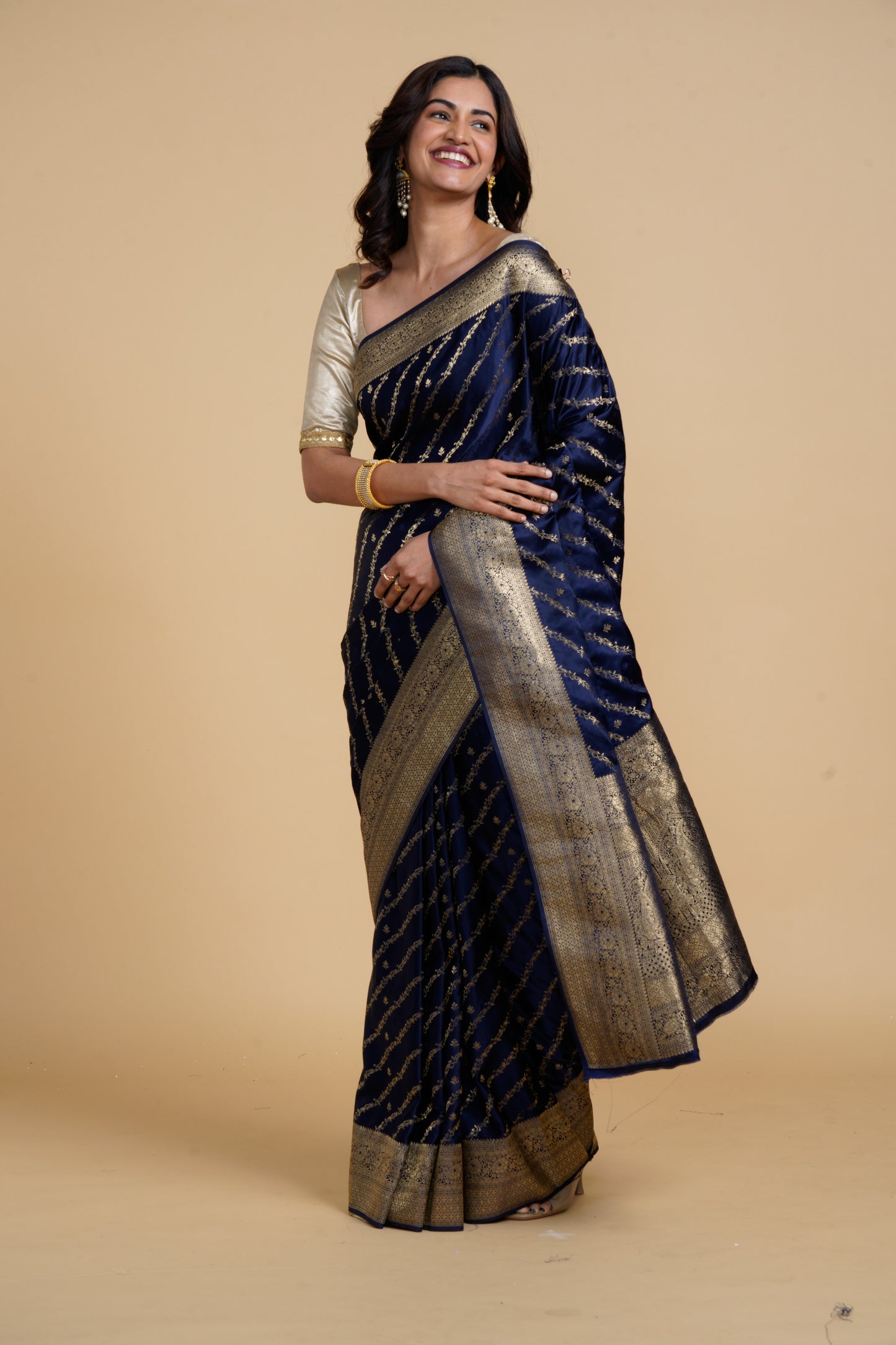 Divine Drapes Navy Golden Embellished Saree