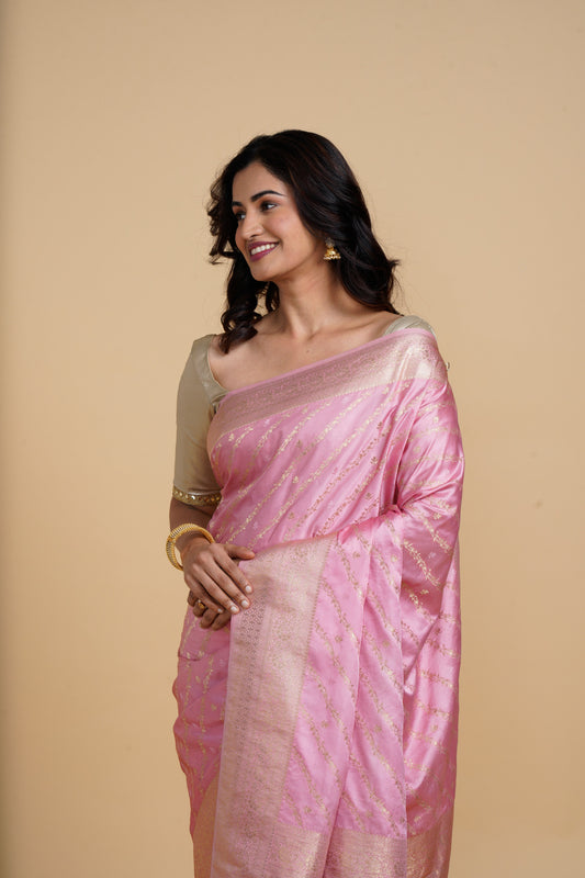 Divine Drapes Pink Golden Embellished Saree