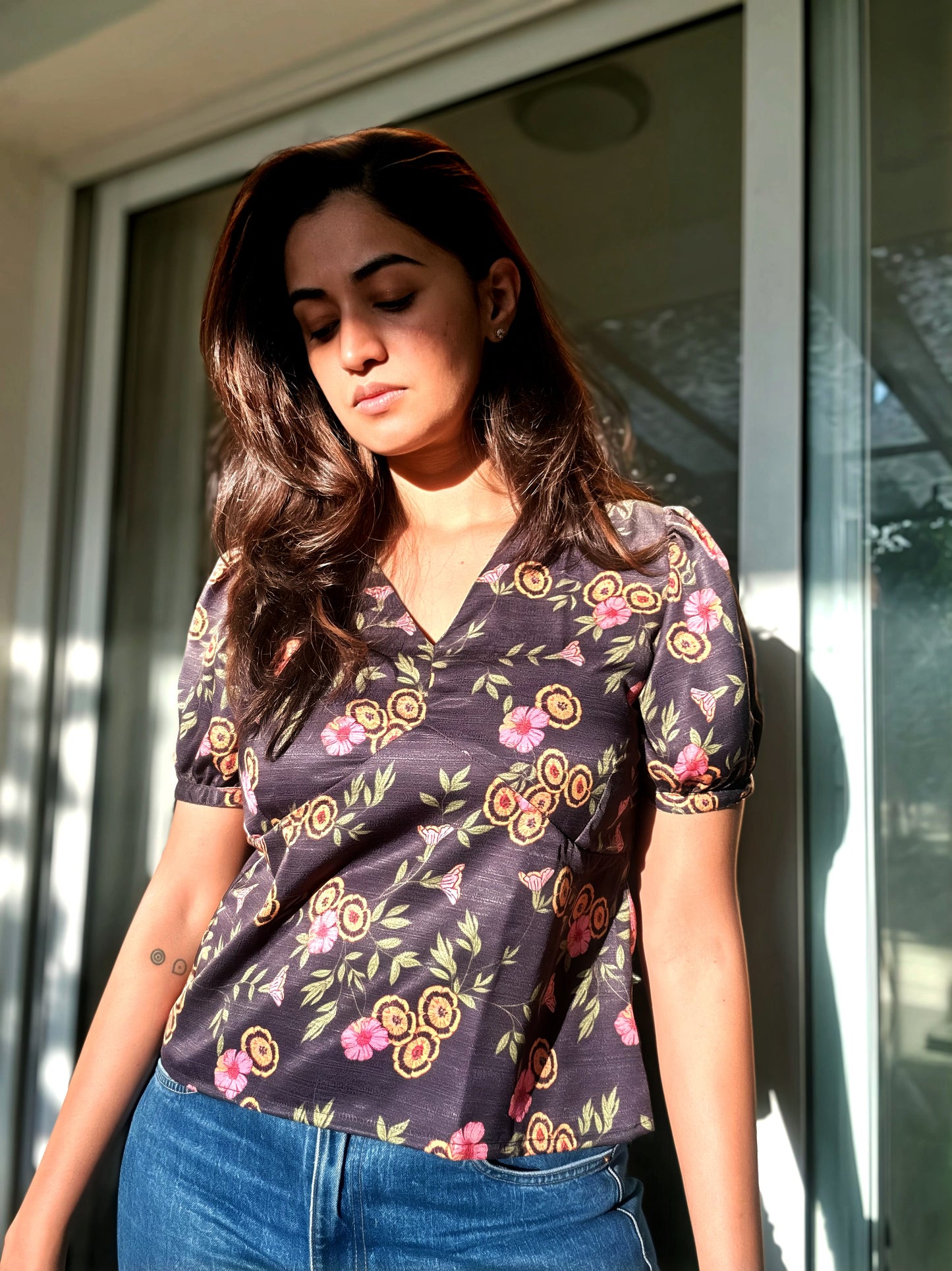 Faye Vintage Floral Printed Black Top