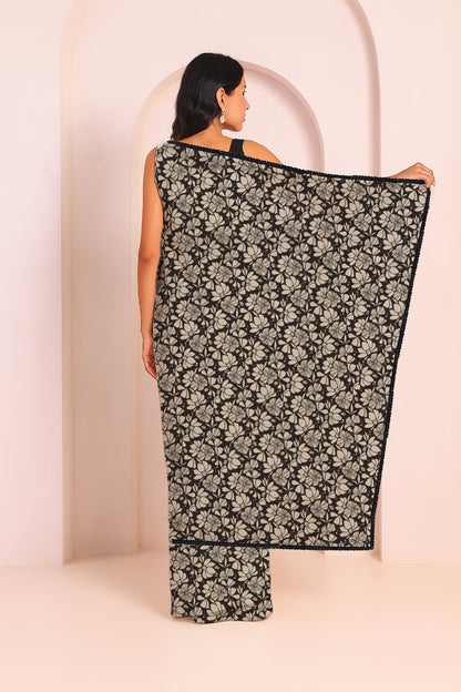 Inara Abstract Print Dark Grey Saree