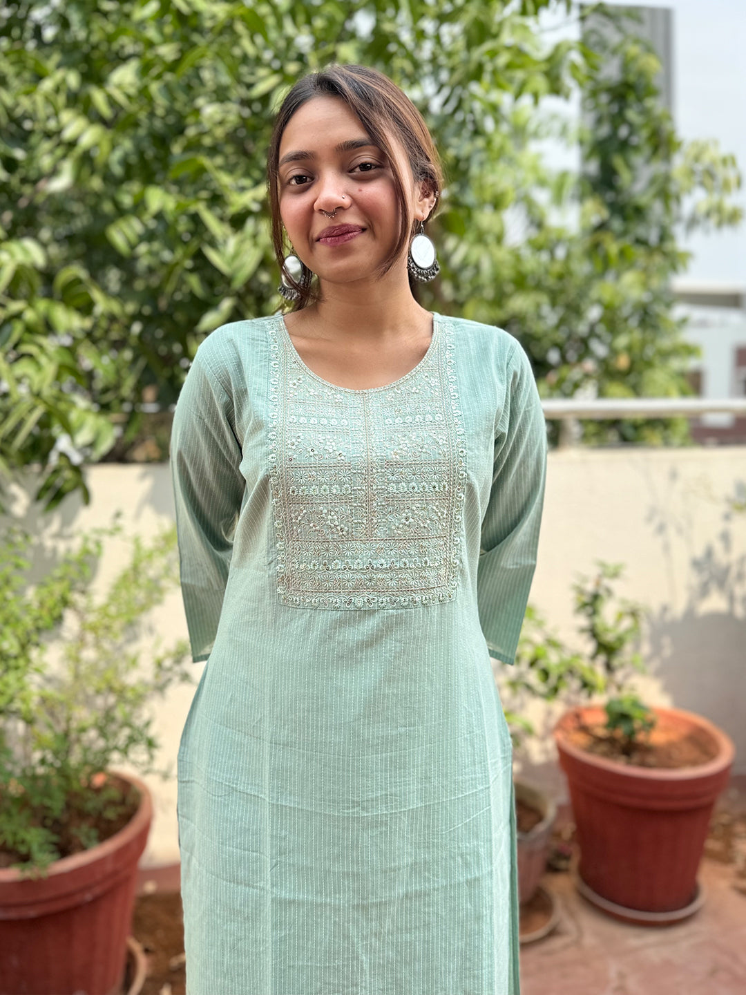 Blooming Melodies Mint Green Solid Embroidered Kurta