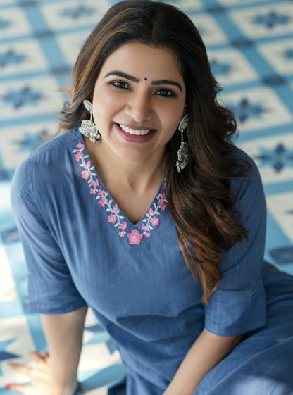 Samantha Ruth Prabhu for SAAKI -  Women Sienna Blue Embroidered V Neck Kurta