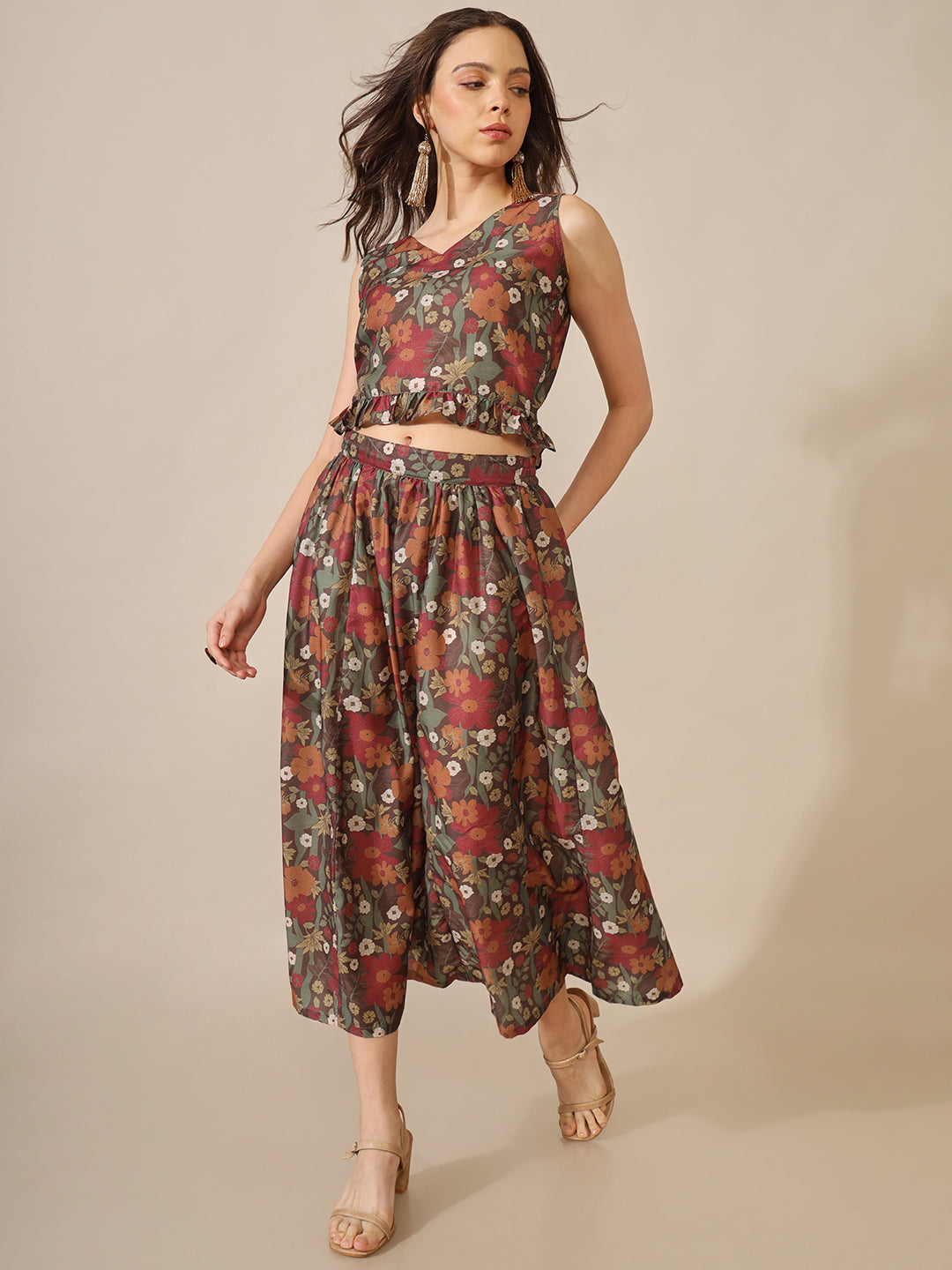 Saaki Women Florette Brown Printed Skirt Set