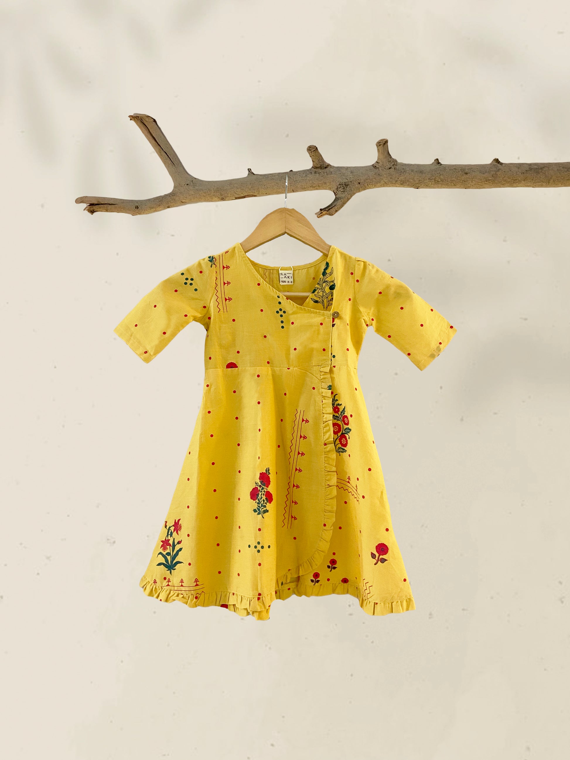  Saaki Girls Summer Soft Yellow Floral Printed Overlap Dress