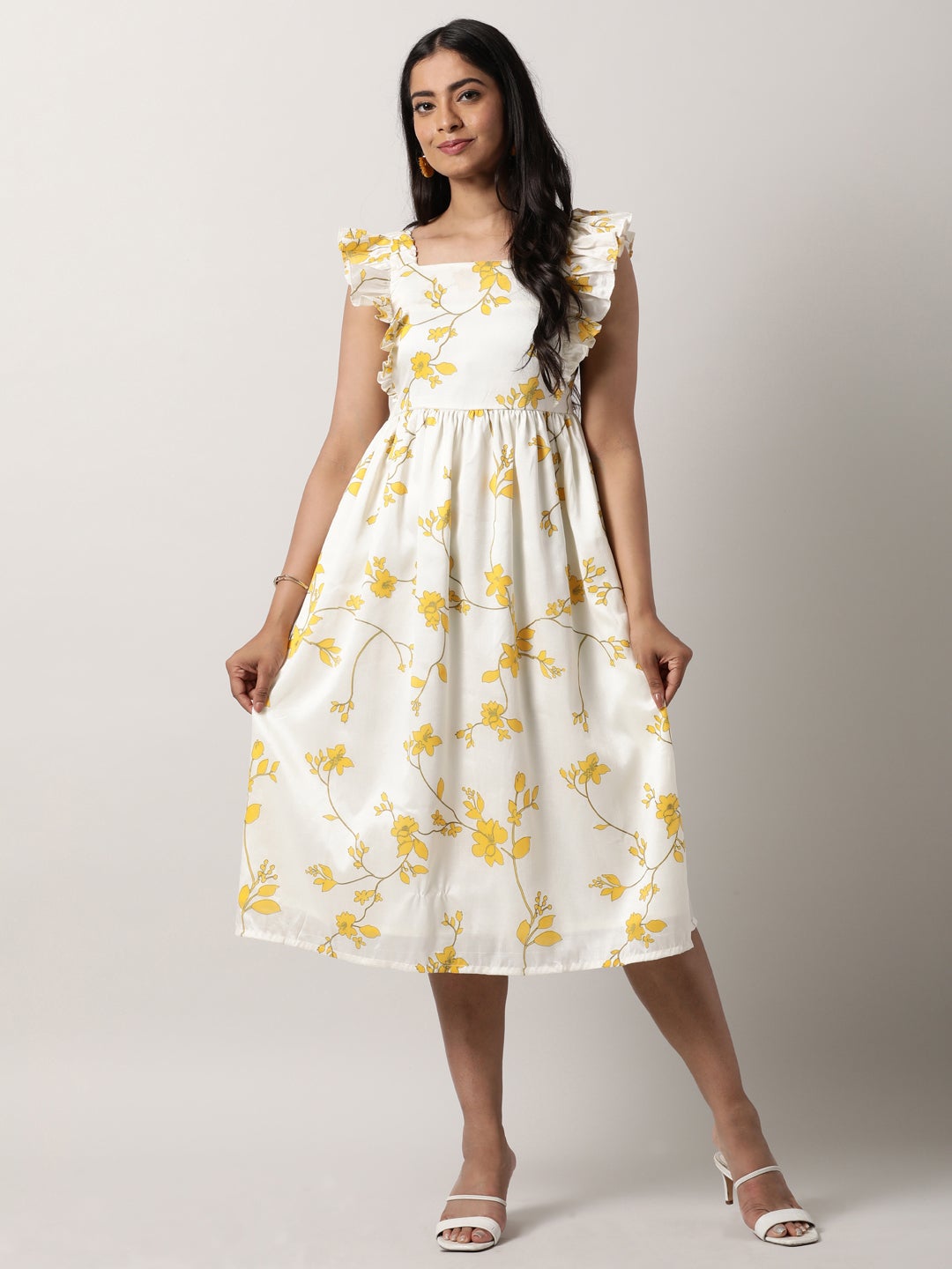Sunehri Off-White Crepe Silk Ruffled Dress (7493652807911)