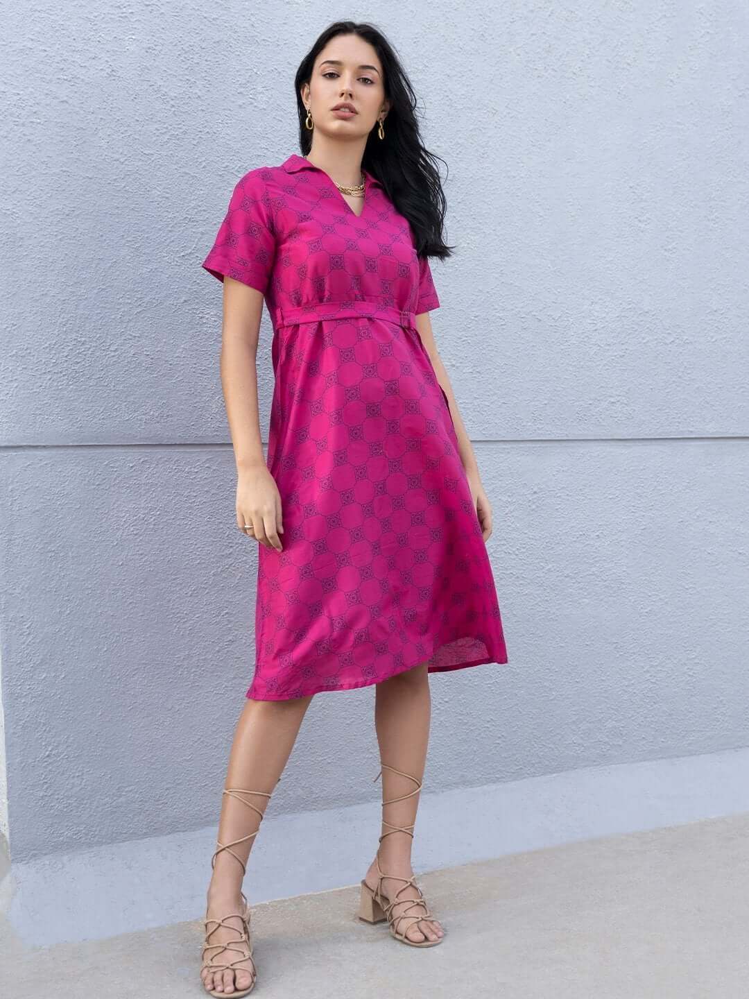 Saaki_Women_Pink_Chanderi_Printed_Dress_With_Tie_Up_Belt_Collar