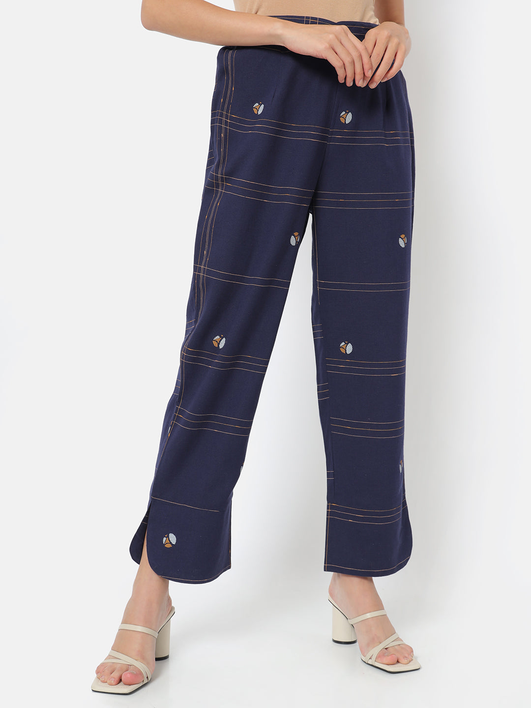 Saaki Women Navy Ankle length Dobby Striped Trouser (7652861706471)