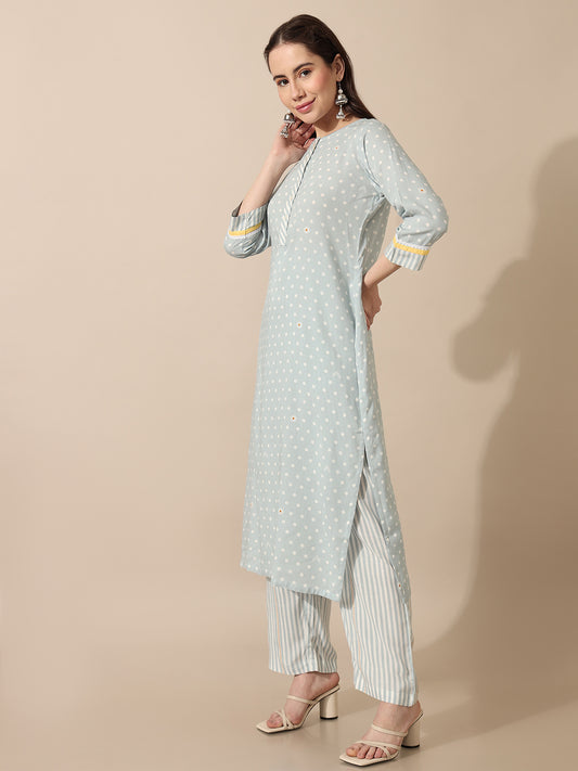 Saaki Women Wildflower Blue Polka Kurta Set