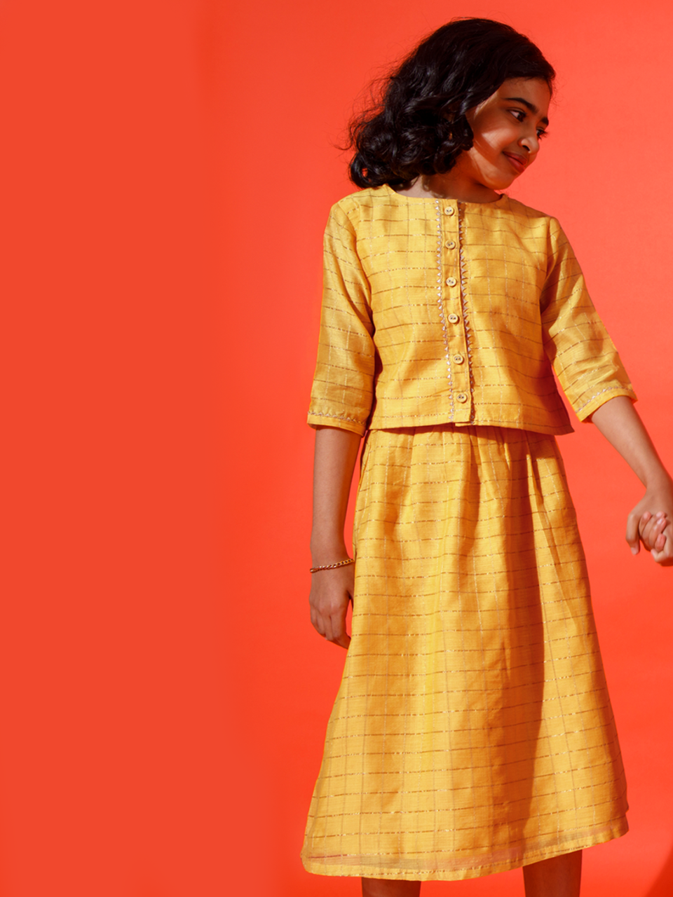  Saaki Girls Yellow Zari Checks Top and Skirt Set